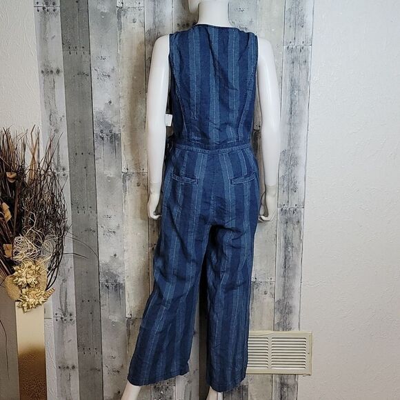 JOIE Xenia Cropped Striped Linen And Cotton-blend Wrap Jumpsuit In Ocean - Picture 8 of 14